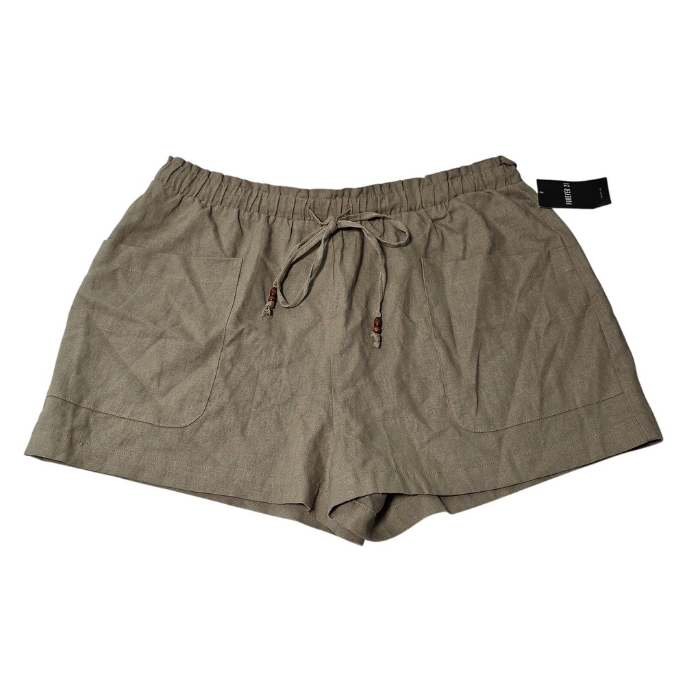 NWT‎ Forever 21 Khaki Linen Cotton Drawstring Shorts XL Resortwear Vacay Travel